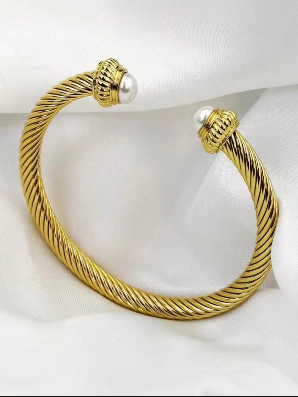 18K Gold PlatedTwisted Cable Pearl-Ended Cuff Bracelet